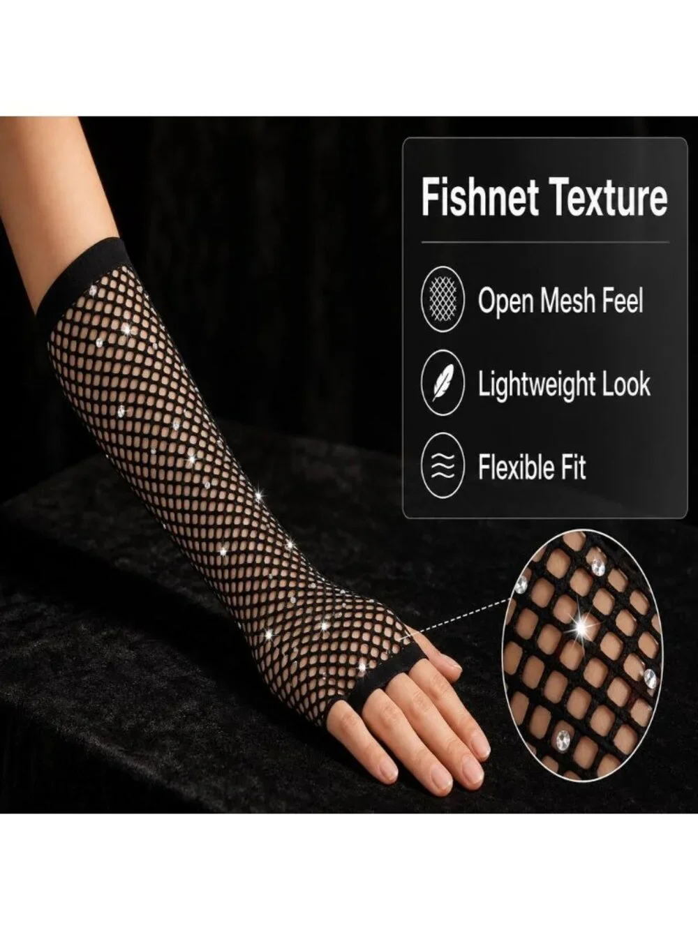 Women's Black Long Fishnet Fingerless Gloves Nylon Rhinestone 80s Party Cosplay